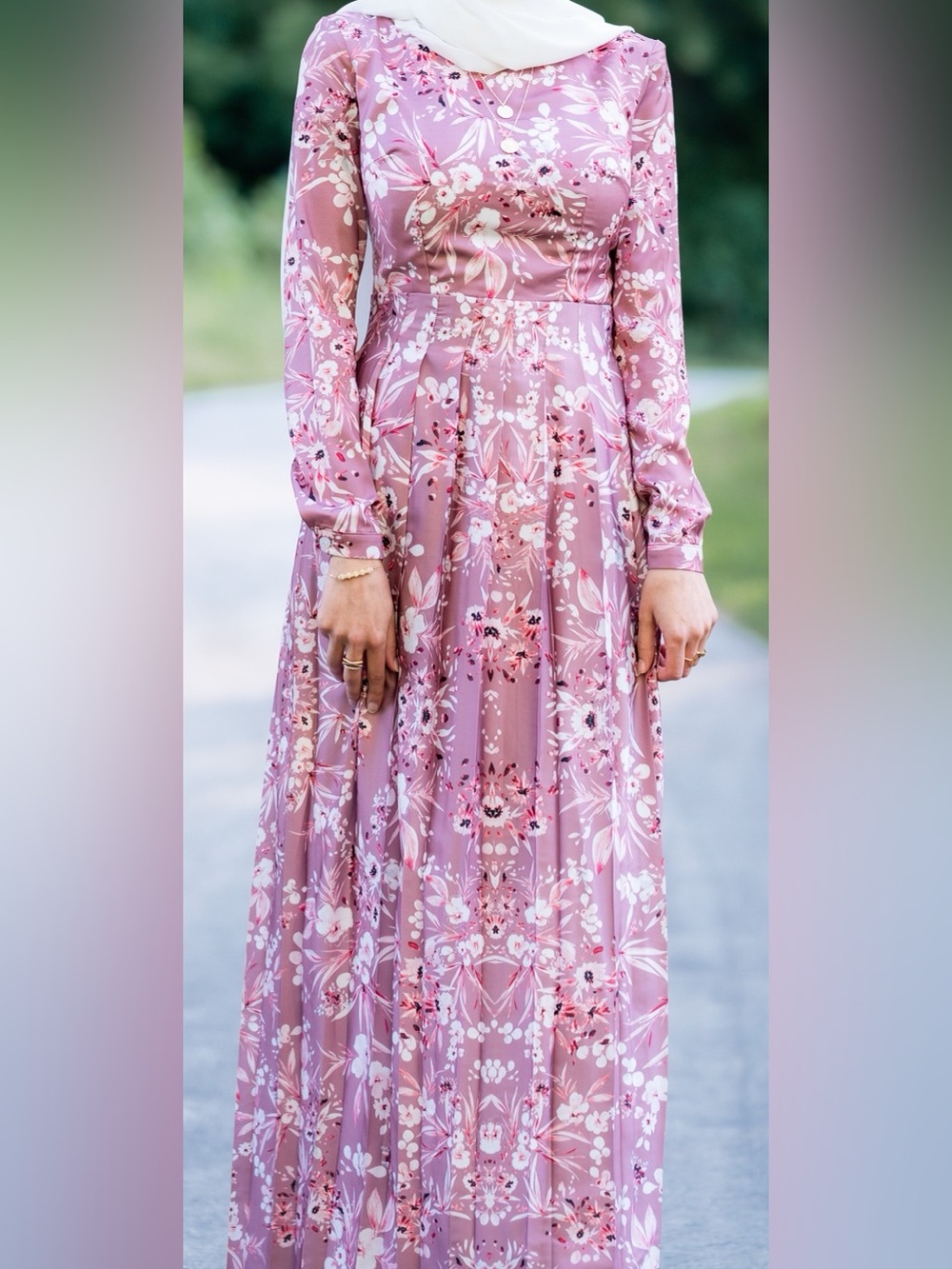 Annah Hariri Long Sleeve Floral Maxi Hijab Dress in Dusty Rose